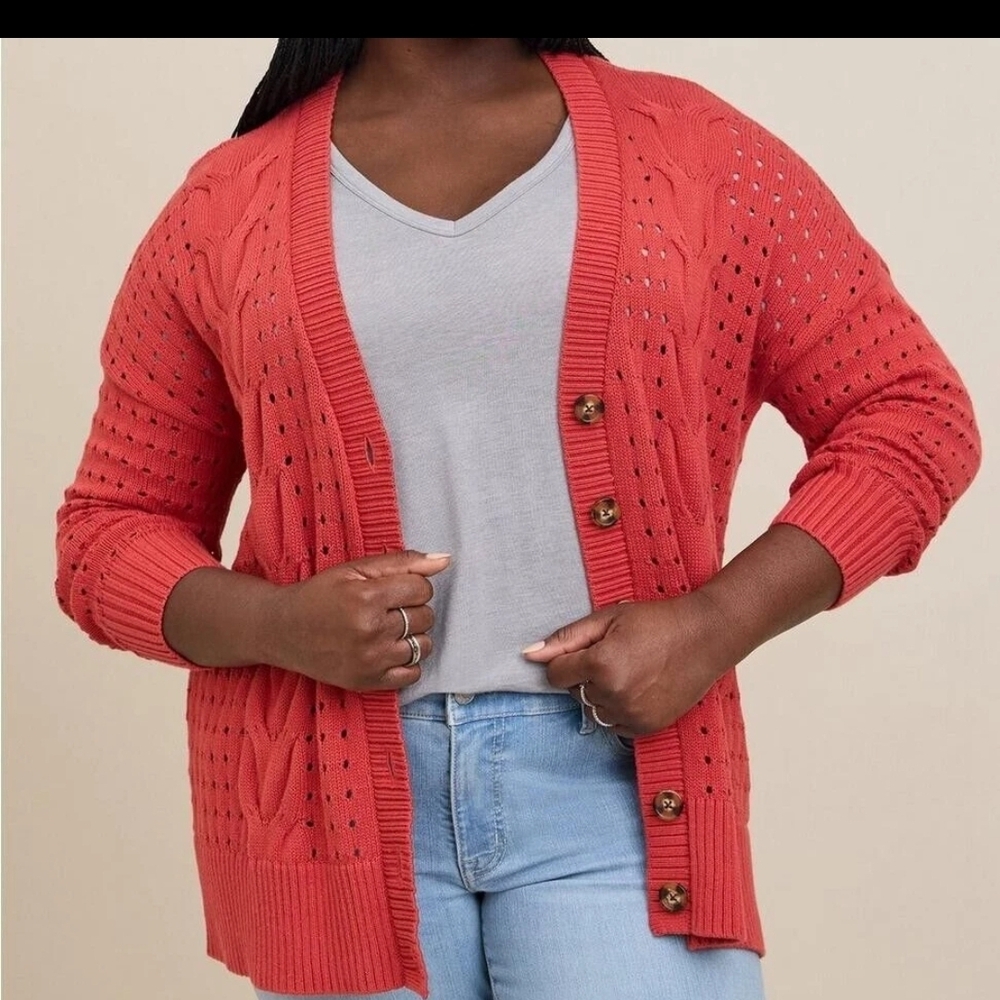 Torrid Coral Cotton Open Knit Button-Up Cardigan Sz 4